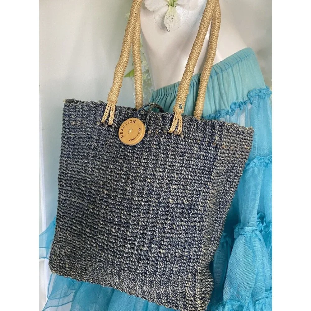 Kenneth Cole Reaction Powder Blue Abaca Straw‎ Logo Shoulder Handbag Vintage EUC